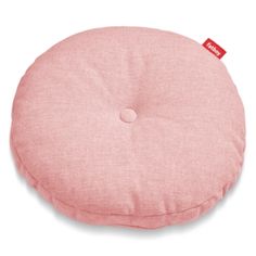 a pink round cushion with a red tag on the front and back side, sitting on a white background