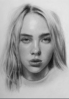 a pencil drawing of a woman's face with long blonde hair and blue eyes