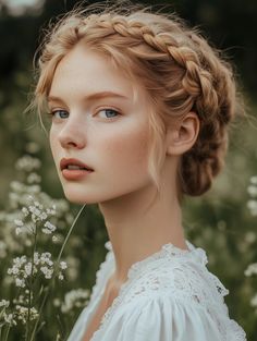 Want a stunning wedding hairstyle? Try Milkmaid Braids with ribbon and flowers for an elegant updo. This tutorial shows you how to achieve this look, perfect for long hair or curly hair. Make your special day unforgettable with this beautiful bridal style. Braided Elegant Hairstyles, Long Curly Hair Braids, Wedding Curly Updo, Milkmaid Braid Wedding, Easy Milkmaid Braid, Milkmaid Braid With Scarf, Milkmaid Braid With Flowers, Milkmaid Braid Wedding Hair, Bridal Braid