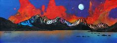 an acrylic painting of mountains and water at night with the moon in the sky