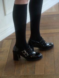 Composition : Synthetic LeatherColor : Black,whiteCountry of Origin : China Black Heeled Mary Janes, Black Heels Vintage, Black Shoes Aesthetic, Black Heels With Strap, Mary Janes Aesthetic, Thick Heels Pumps, Everyday Heels, Thick High Heels, Pointy Shoes