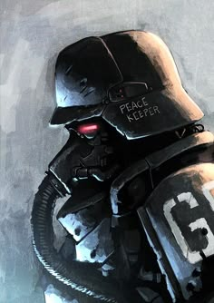 a painting of a man wearing a helmet with the words peace keeper written on it