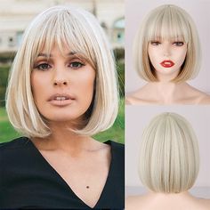 Category:Synthetic Wig; Gender:Women's; Wig Type:Natural Wigs; Occasion:Daily Wear,Party / Evening,Vacation,Party,Birthday; Age Group:Adults; Color Shade:Blue,Purple,Green,Auburn,Pink,White,Blonde,Black; Hair Material:Synthetic Hair; Cap Construction:Machine Made; Texture:Straight; Length:Short; Features:Soft,Cosplay,Easy to Carry,Fashion,Comfortable; Heat Resistant:Yes; Listing Date:08/15/2023; Cap Circumference:; Front to Back:; Nape of Neck:; Side to Side Across Forehead:; Side to Side Over Top:; Temple to Temple Across Back:; Hairstyle:With Bangs; Can Be Permed:No; Theme:Party Platinum Wigs, Platinum Blonde Bobs, Dark Ombre, Blonde Bob Wig, Natural Afro Hairstyles, Natural Wigs, Bob With Bangs, White Blonde, Wig With Bangs