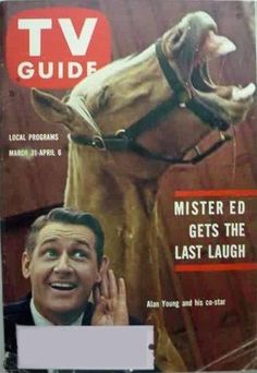 the tv guide magazine cover shows a smiling man in front of a horse's head