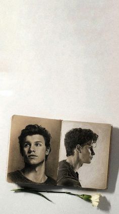 an open book with two pictures of the same person and a single flower on it