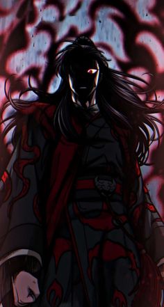 an anime character with long hair standing in front of a red and black wallpaper