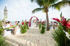 a wedding ceremony on the beach with palm trees