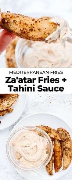 a person dipping sauce on some food in a bowl with the words mediterranean fries za'atar fries + tahini sauce