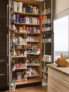 an organized pantry with lots of food in the shelves and on the floor next to a window