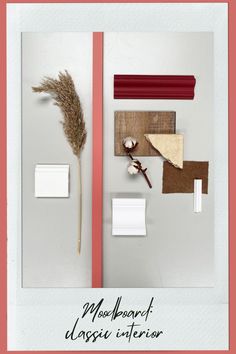 an assortment of items are displayed on a white surface with red trim around the edges