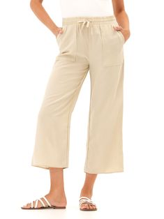 Experience ultimate comfort and style with Hannah Breezy Linen Pant. Made from soft and lightweight breezy linen, these pants offer a relaxed fit and feature an elastic waistband with drawstrings for the perfect fit. Elevate your wardrobe with these versatile pants. Casual Relaxed Fit Sweatpants For Beach, Versatile Summer Sweatpants With Elastic Waistband, Wide Leg Drawstring Sweatpants For Summer, Relaxed Drawstring Bottoms For Day Out, Comfortable Ankle-length Vacation Pants, Casual Wide Leg Trousers With Tie Waist, Versatile Summer Wide-leg Sweatpants, Beige Wide Leg Summer Pants With Drawstring, Versatile Wide Leg Sweatpants For Summer