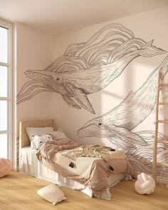 a bedroom decorated in pink and white with two dolphins on the wall