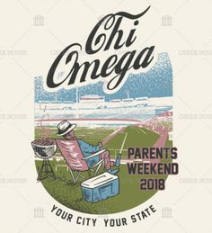 an image of a lawn chair with the words chi omega on it and a picnic table in