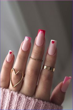 Planning a romantic date? Complete your look with these enchanting Valentine’s Day acrylic nails, designed to leave your loved one breathless. Image Credit :- napaznokciach Pink Nails With Heart Design, Pink And Red Nail Designs, Pink And Red Nails, Latte Nails, Nails Valentine, Festive Nails, Aura Nails, Yellow Nails Design, Valentine Nail Art