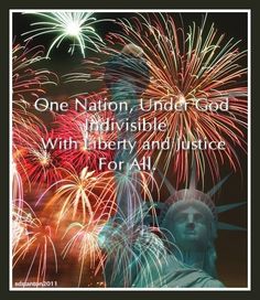 the statue of liberty with fireworks in the background and text that reads, one nation under god