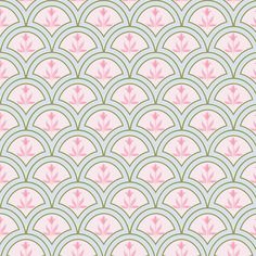 an art deco wallpaper with pink and green leaves on the top, in shades of blue