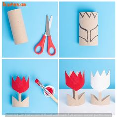 four pictures of paper flowers and scissors on a blue background with text overlay that says how to make flower crowns