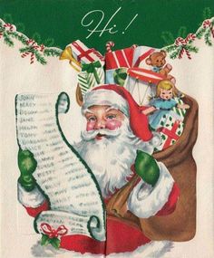 an old fashioned christmas postcard with santa holding a paper scroll and looking at it