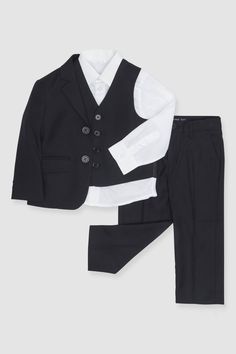 Your ring bearers and ushers will look so sharp in these affordable kids' black suits from SuitShop. The ring bearers and ushers on your I-Do Crew will look oh-so stylish in their adorable four-piece kids' suit. EXCLUDED FROM PROMOS. RETURNS AND EXCHANGES OF THIS ITEM ARE HANDLED BY OUR FRIENDS AT SUITSHOP. | Black Groomsmen Suiting Size 10 | Birdy Grey Kids Suit by SuitShop Black Groomsmen, Flower Girl Ring Bearer, Girl Ring Bearer, White Dresses For Sale, Junior Groomsmen, Groomsmen Looks, Flower Girl Accessories, Tuxedo Women, Birdy Grey