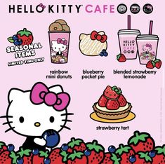 the hello kitty cafe menu has strawberrys, strawberries and ice cream on it