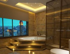 a bathroom with a large tub next to a window and a view of the city