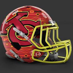 a helmet with the number 55 on it is shown in red and yellow colors, against a black background