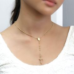 Solid 14K Gold Chain Necklace 2.5-6mm Diamond Cut Bead Cross Rosary Necklace, Gold Rosary Necklace, Spiritual Crucifix Clavicle Chain Jewelry, Spiritual Jewelry With Adjustable Chain And Cross Pendant, Crucifix Necklace With Adjustable Chain For Gift, Spiritual Crucifix Charm Necklace, Spiritual Charm Necklace With Cross Pendant And Adjustable Chain, Figaro Chain Crucifix Necklace As Gift, Crucifix Figaro Chain Necklace As Gift, Figaro Chain Necklace With Cross Pendant As Gift, Spiritual Yellow Gold Clavicle Chain Necklace