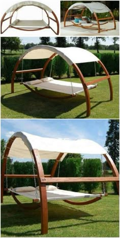 an outdoor hammock is made from wood and has a canopy over the hammock