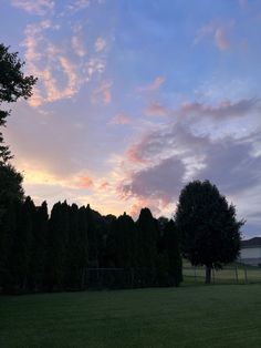 the sun is setting over some trees and grass