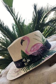 Handpainted Panama Hat Flamingo Hat Greek Straw Hat Pink | Etsy Flamingo Hat, Cowboy Hat Design, Beautiful Flamingo, Custom Cowboy Hats, Happy Hat, Hat Art, Flamingo Birthday Party, Mexican Hat, Handpainted Bags