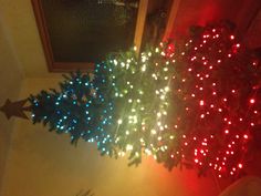 a blue christmas tree with red and green lights