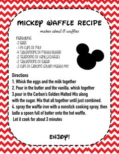 the mickey mouse waffle recipe is shown in red and white chevroned paper