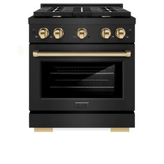 an oven with two burners and gold knobs on the front, against a white background