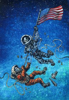 an astronaut floating in the air with a flag on his back and other items around him