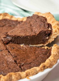 a chocolate pie cut in half on a plate