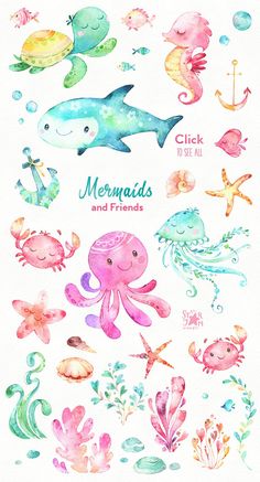 watercolor illustrations of sea animals, fish and other things on white paper with the words'mermaids and friends '