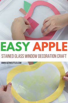 kids are making an apple stained glass window decoration craft with the text easy apple on it