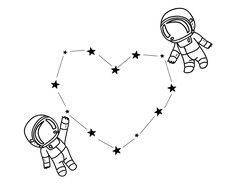 two astronauts are flying in the shape of a heart and one is holding an astronaut's hand