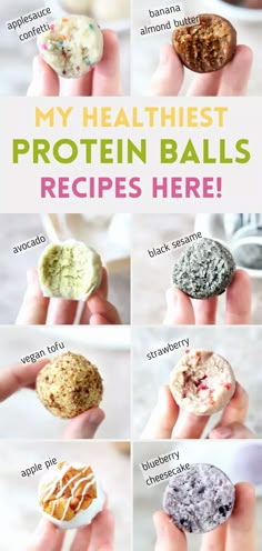 an image of different types of doughnuts with the words, my healthist protein balls recipes here