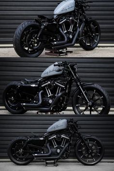 three different views of a black motorcycle parked in front of a garage door with the doors open