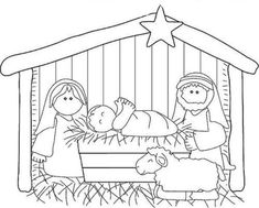 the nativity scene is outlined in black and white