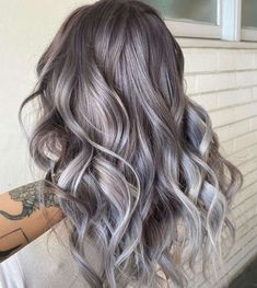 Purple Silver Balayage, Ash Brown Purple Hair, Blonde Hair With Silver Highlights, Silver Purple Hair, Vegas Hair, Medium Blonde Hair