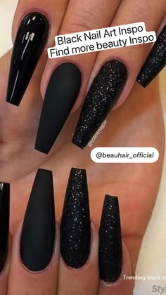 Black Polygel Nails Design, Beautiful Black Nail Designs, Yellow Black Ombre Nails, Black Nails With Colorful Glitter, Black Nails Powder Dip, Black And Matte Black Nails, Black Shiny And Matte Nails, Dark Stilleto Nails Design, Black Birthday Nails Coffin