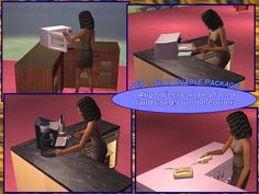 four different pictures of a woman at a desk in front of a microwave and toaster