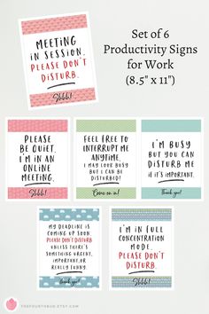 six printable signs with the words meeting in session for work and other things to do