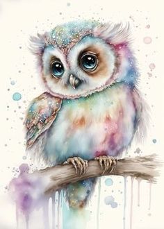 an owl is sitting on a branch with watercolor paint splatters around it