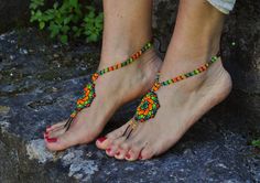 This listing is for a PAIR of beautiful and UNIQUE barefoot sandals handmade in the HUICHOL style. Made of high quality Japanese myuki seed beads and extra strong nylon thread. They make a beautiful combination with the leather sandals (pictures 4,7 and 10) also available in my shop. These sandals are very resistant and suitable for many environments. They will embellish your feet and you can wear it with sandals in a variety of styles from work to casual to evening attire. Beautiful to wear on Traditional Beaded Toe Ring Barefoot Sandals, Bohemian Multicolor Anklets For Gifts, Bohemian Multicolor Anklets With Colorful Beads, Bohemian Multicolor Anklets As Gift, Handmade Bohemian Anklets For Festivals, Bohemian Handmade Anklets For Festivals, Traditional Adjustable Beaded Barefoot Sandals, Bohemian Multicolor Beaded Anklets, Handmade Multicolor Bohemian Barefoot Sandals