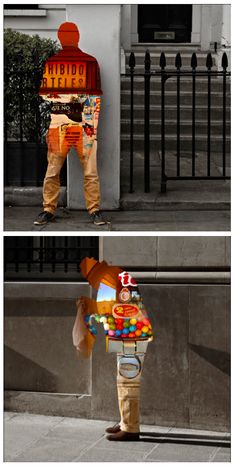 two pictures of a man with an orange vest and bag on his back standing in front of a building