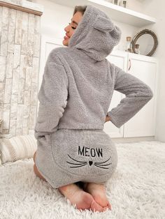 Grey Cute  Long Sleeve Flannel Cartoon Letter Short Sets  Medium Stretch  Women Sleep & Lounge Comfy Trendy Outfits, Cute Nightwear, Fuzzy Shorts, Embroidery Shorts, Hoodie Cartoon, Cozy Pajamas