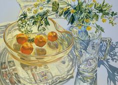 an oil painting of oranges in a glass bowl next to a vase with flowers